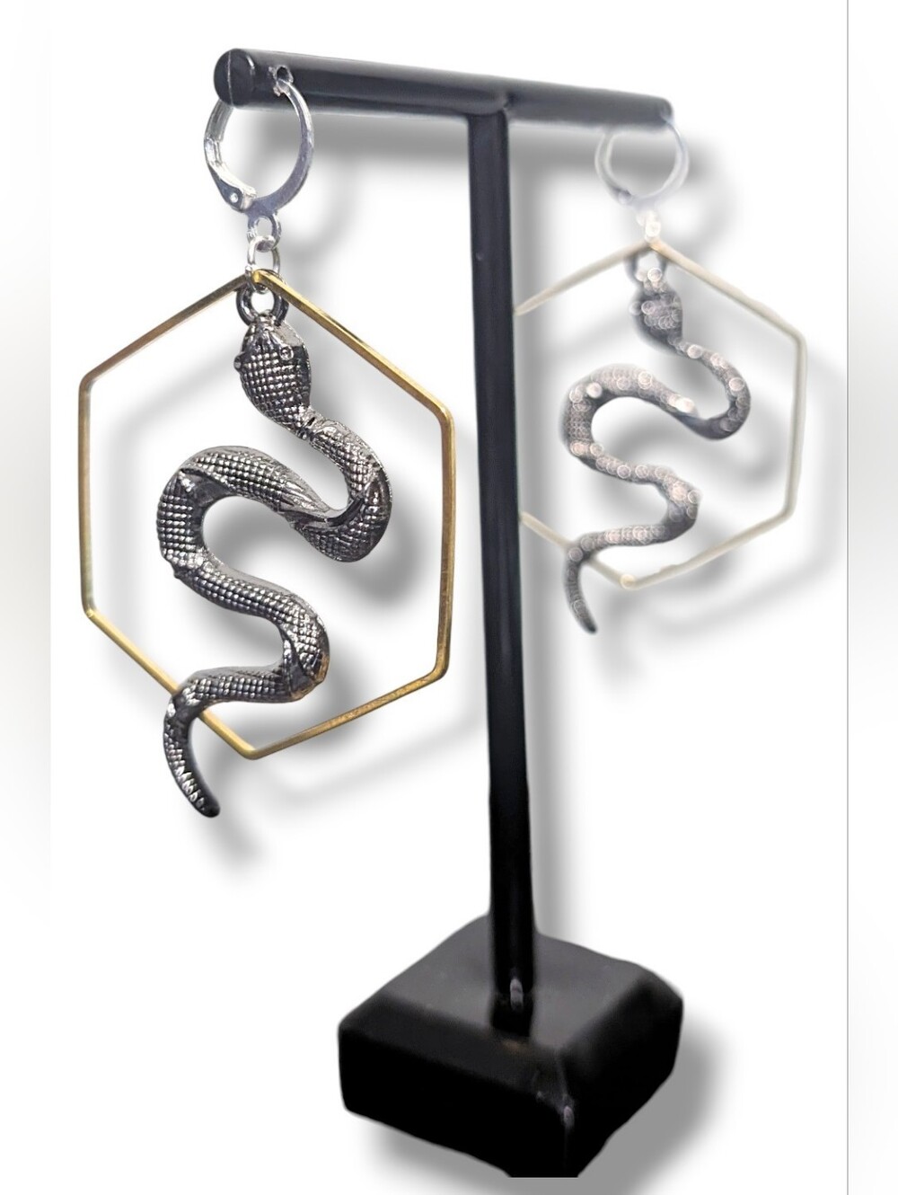 NWT Handmade Silver Snake And Gold Hexagon Dangly Earrings
